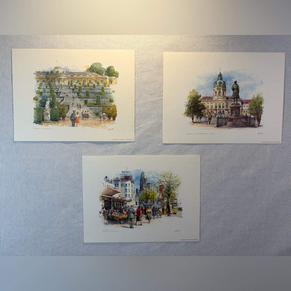 Set of 3 Vintage Watercolor Prints by Nitschke–Street Scene Art, Hanne, Germany